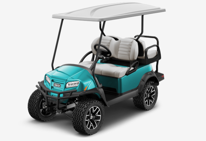 A blue golf cart with a white roof on a white background.