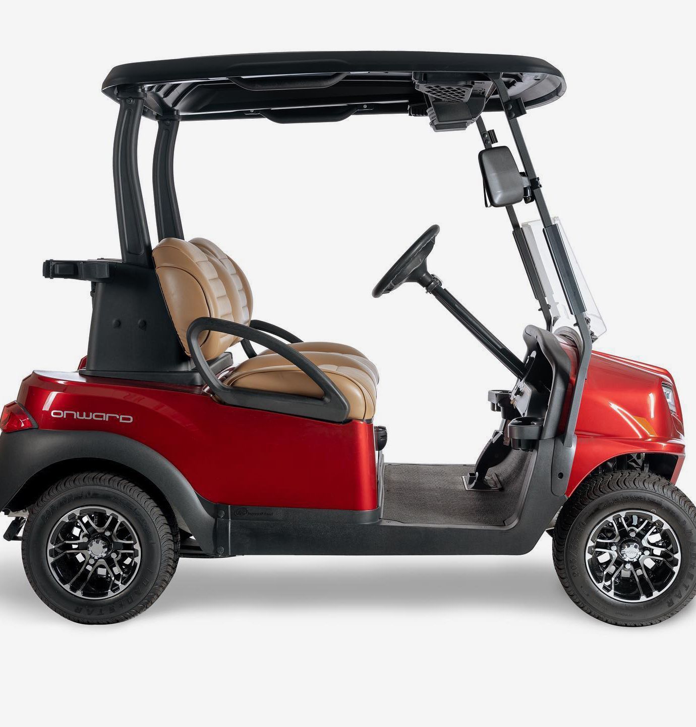 A red golf cart with the word forward on the side