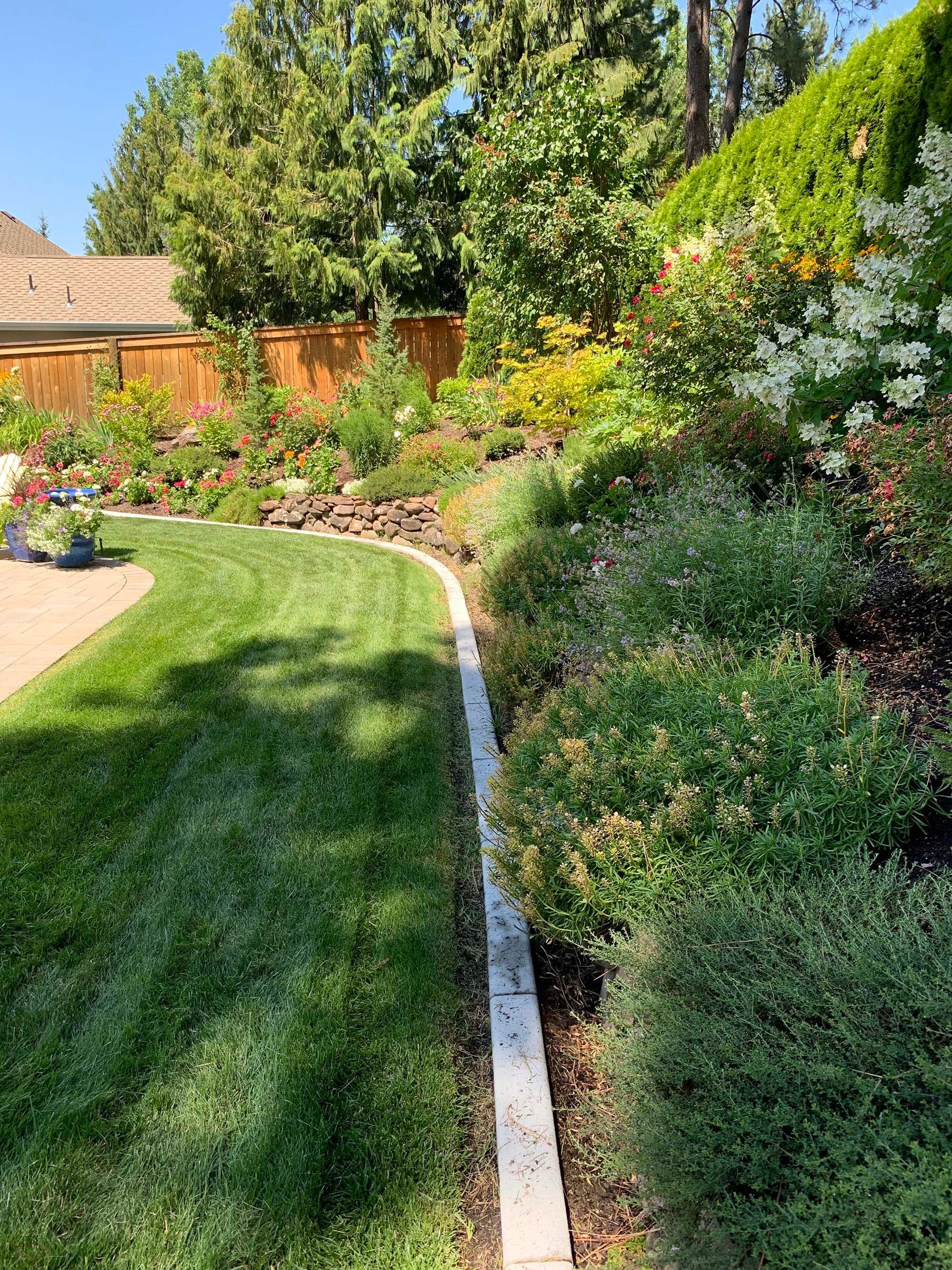 A lush green lawn with a concrete curb in the middle of it.