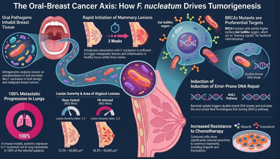 Infographic on oral-breast cancer axis and microbiome-driven tumorigenesis, with cells, DNA, and organs.