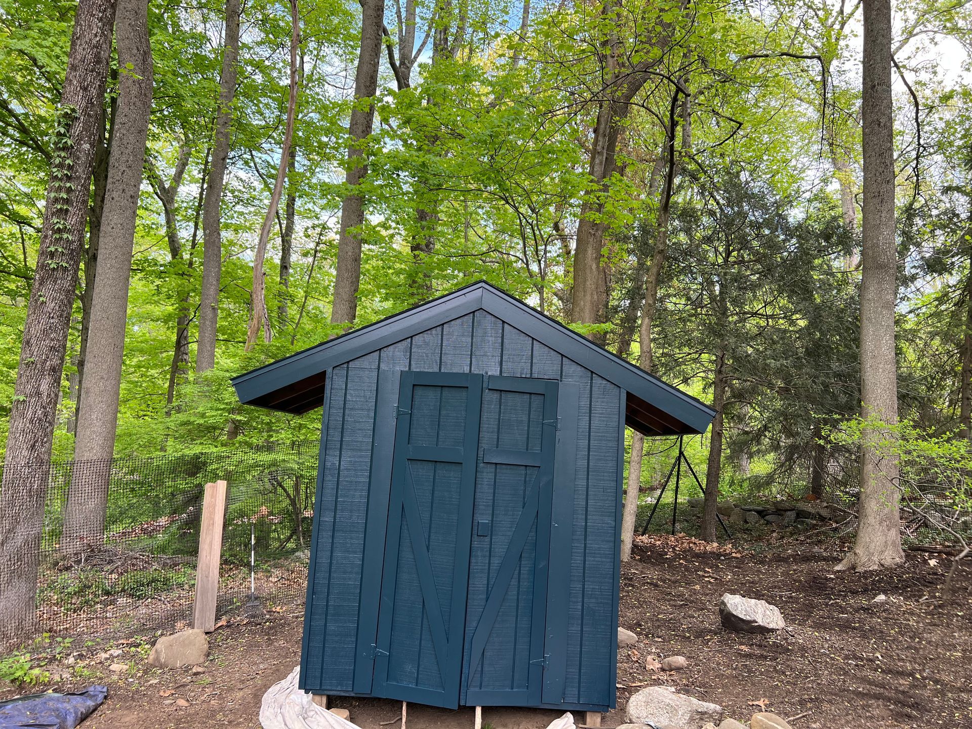 A blue shed is sitting in the middle of a forest.