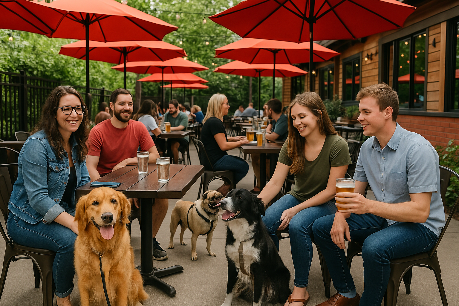 People and dogs enjoying a patio restaurant with red umbrellas. Several people are seated at tables, smiling and interacting with each other and their dogs.