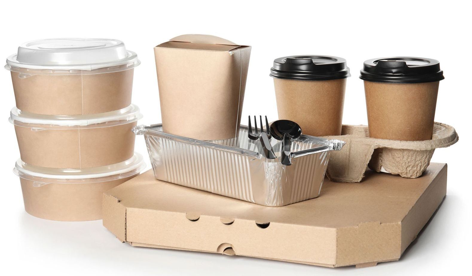 Assortment of takeout containers, including bowls, cups, a pizza box, and a tray with cutlery, arranged on a white surface.