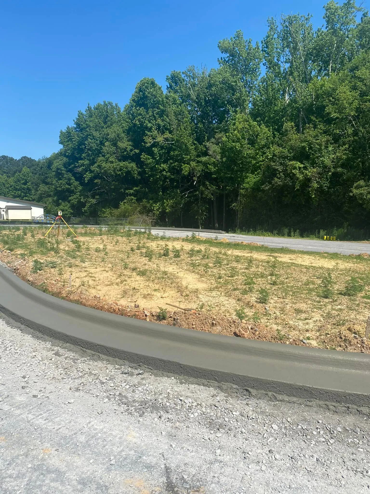 A fresh concrete curb separates a gravel area from a patch of dry, low-growing vegetation in front of a dense tree line.