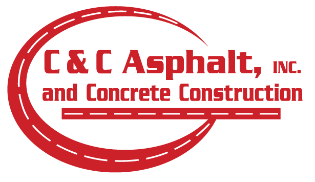 Red company logo for C & C Asphalt, Inc. and Concrete Construction, featuring text inside a stylized road graphic.