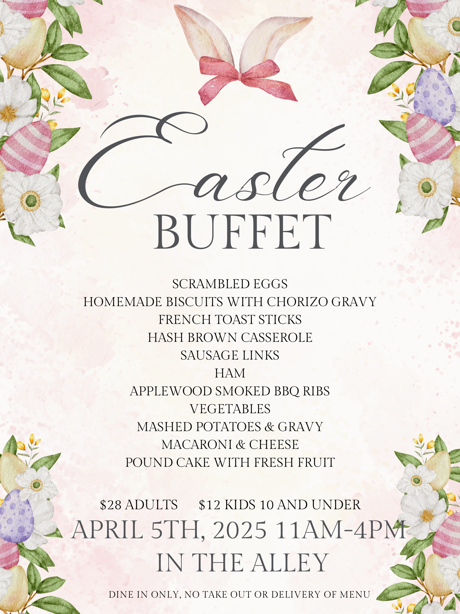 Easter Buffet flyer featuring floral and egg decorations, detailing the menu, date, time, and location in The Alley.