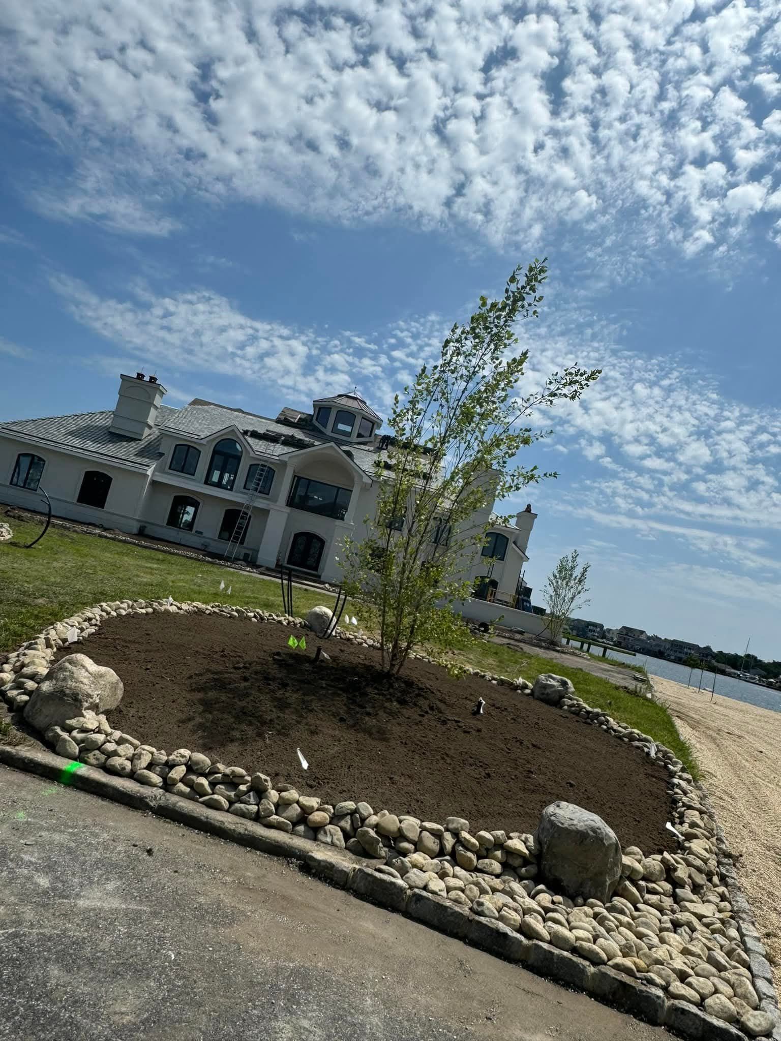 A newly planted tree in a rock-lined garden bed, in front of a white castle-like building. Blue sky.