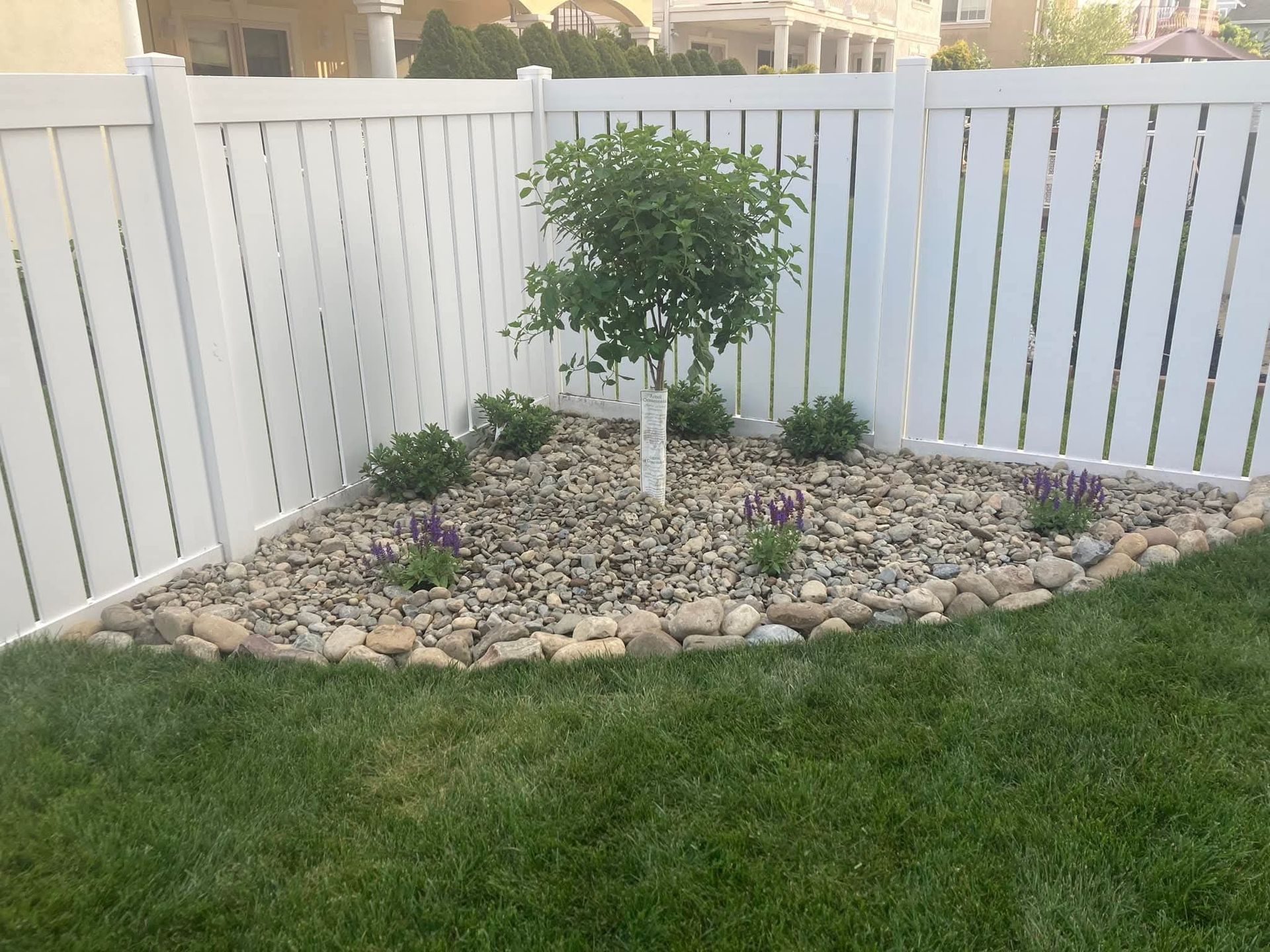 White fenced corner garden with tree, small bushes, purple flowers, and gray rocks.