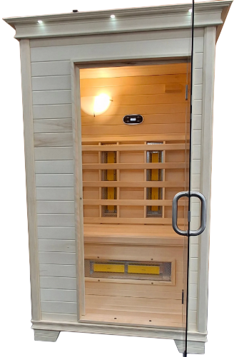 A freestanding white sauna.