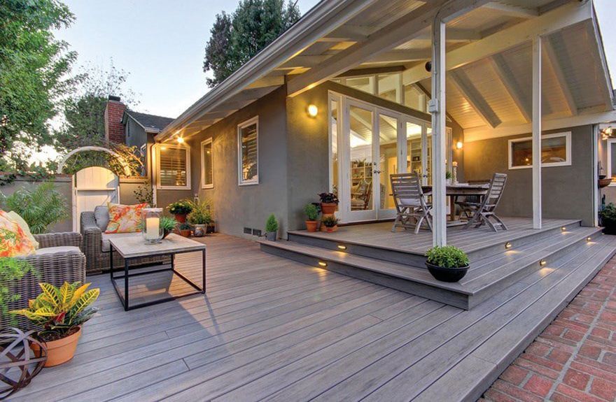 Multi step deck with warm lighting