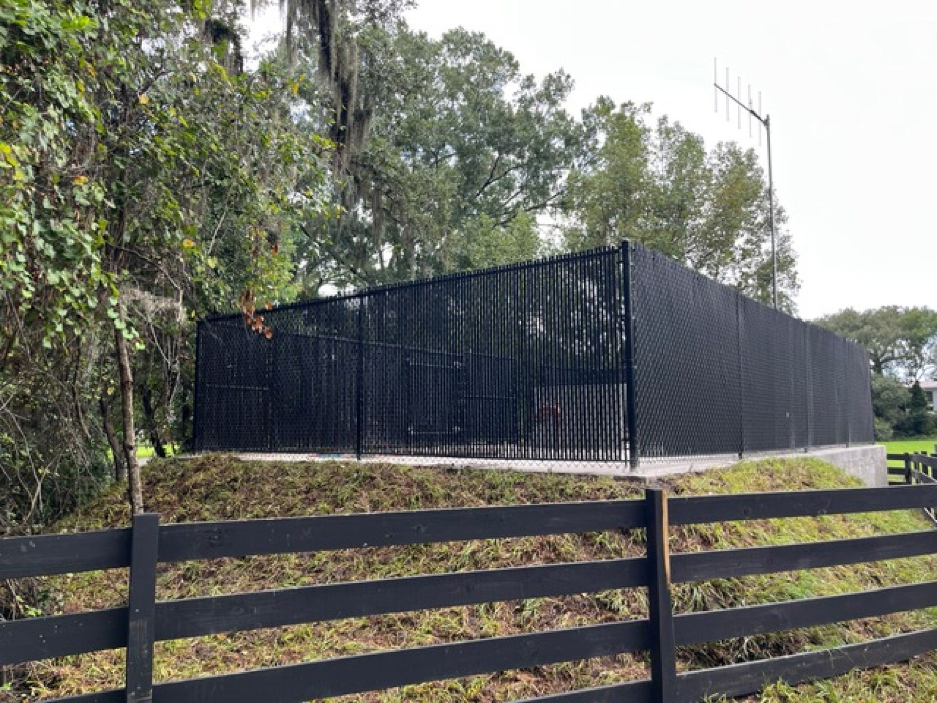 Black fenced enclosure beside a road, with trees behind and a dark wooden fence in the foreground