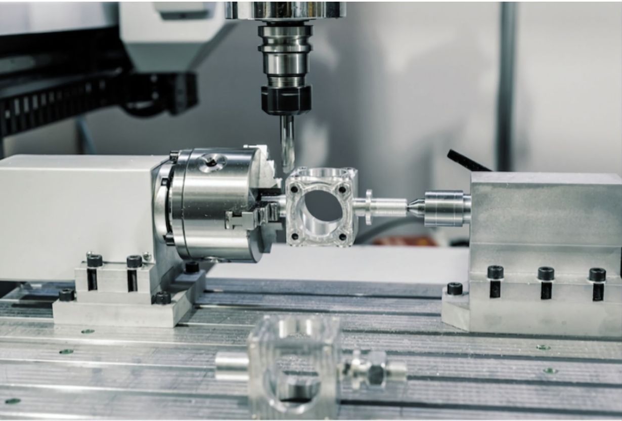 A CNC milling machine machining a metal component held between a rotary chuck and a tailstock on a workshop table.