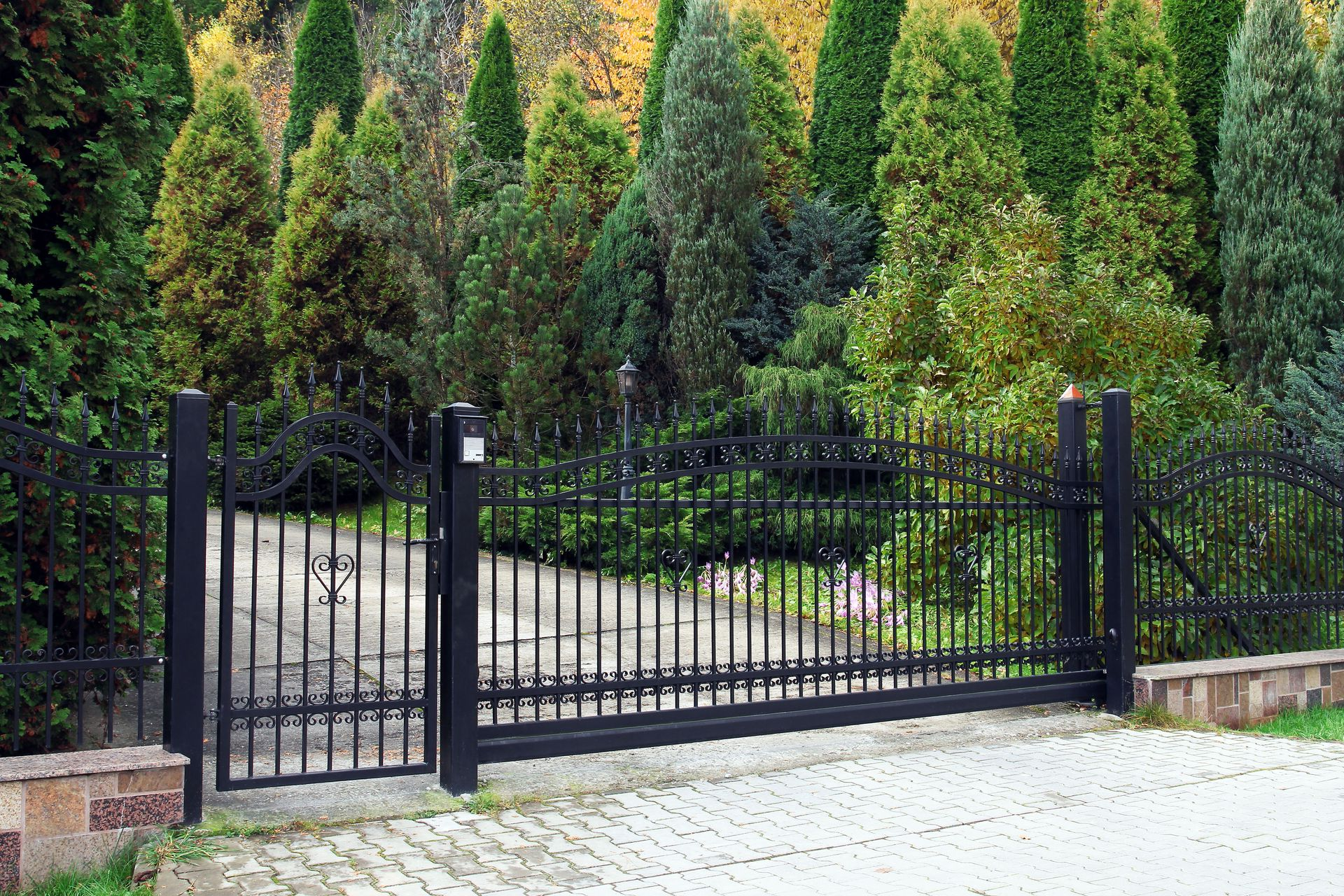 Black metal driveway gate in front of a landscaped garden with tall evergreen trees