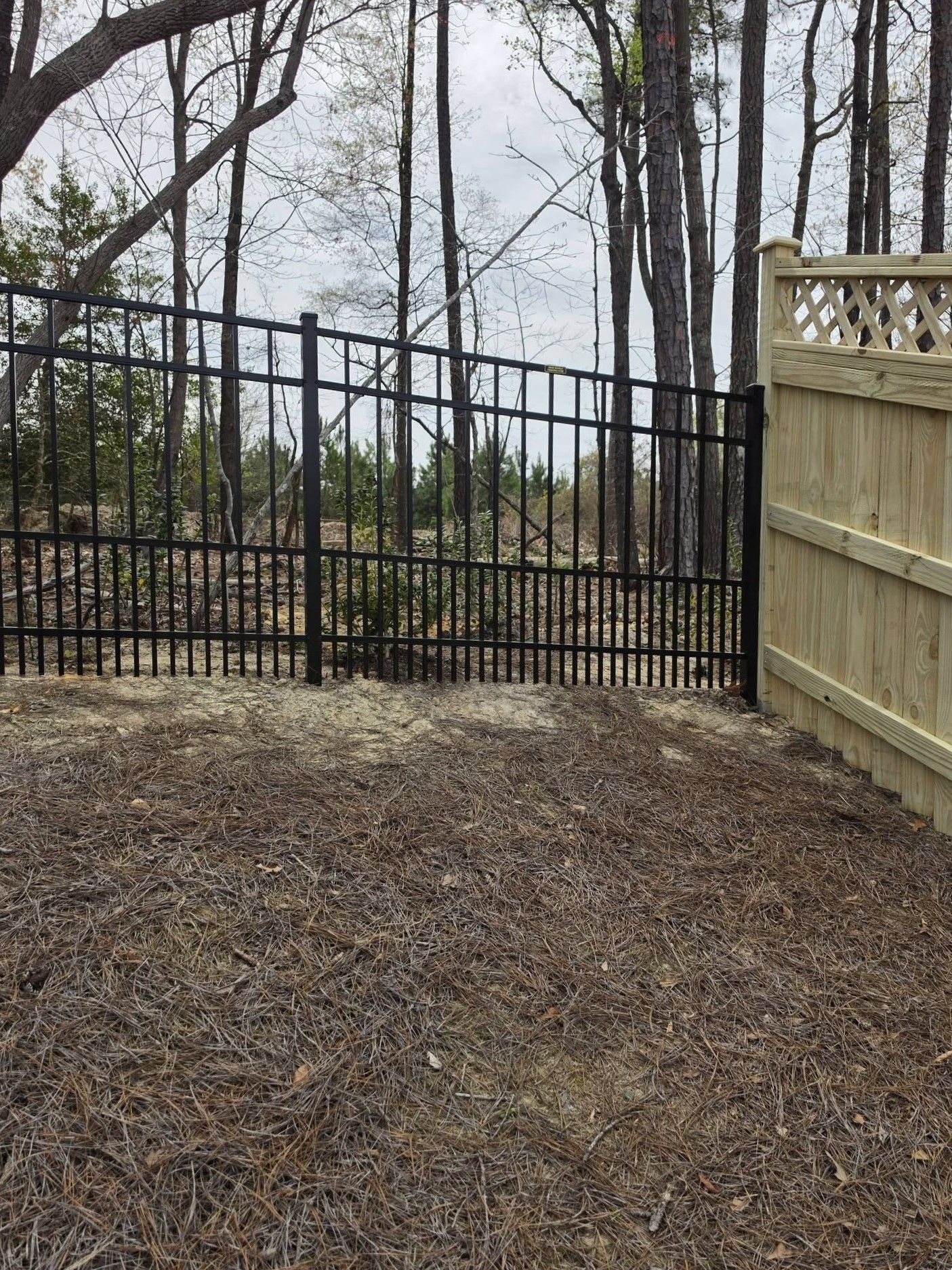 Black metal fence and wooden gate beside a gravel yard and trees