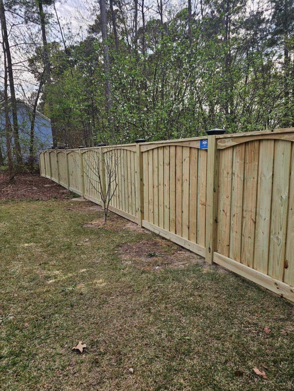Wooden privacy fence along a grassy yard beside trees and a wooded area