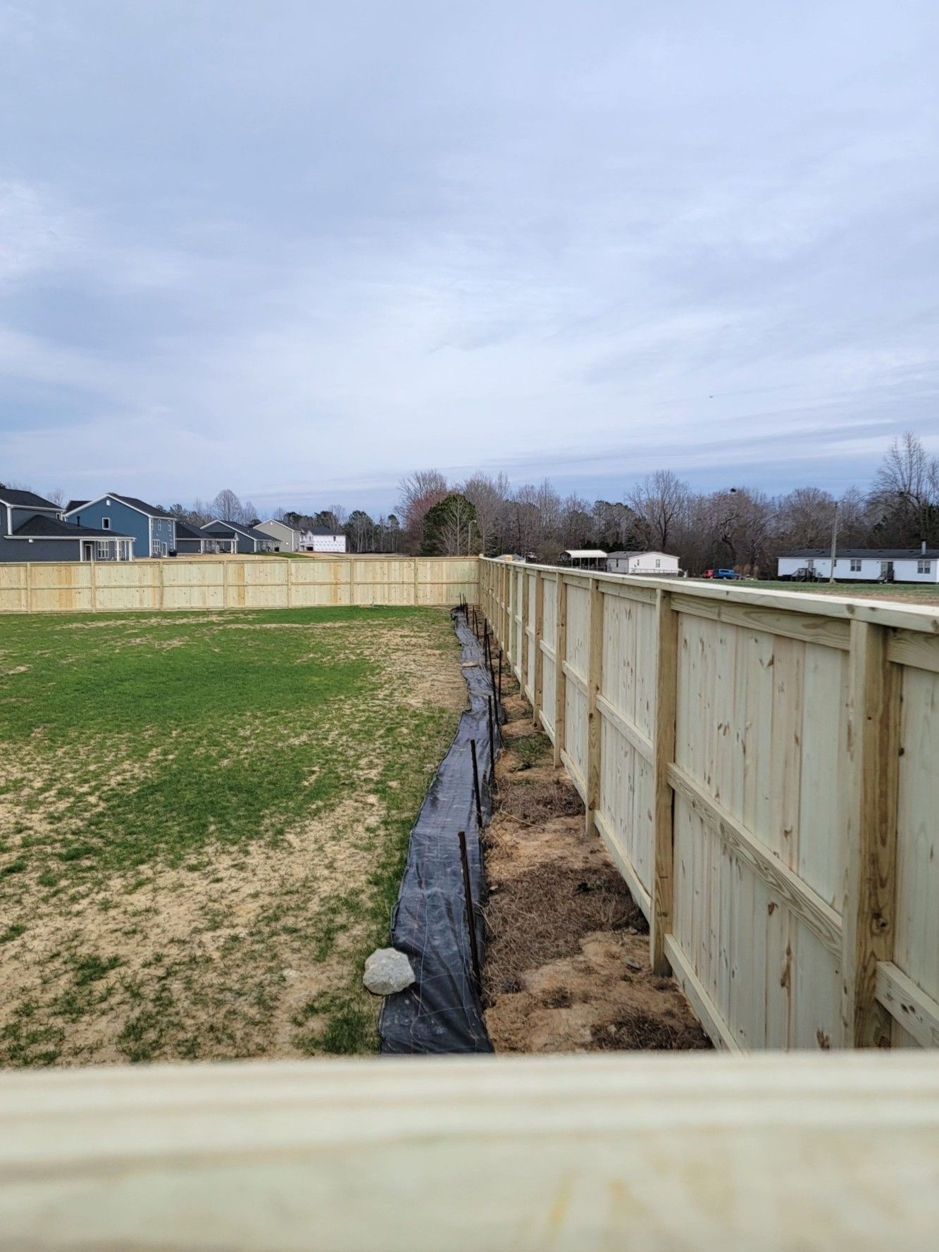 Backyard with wooden fence, grassy lawn, and cloudy sky.