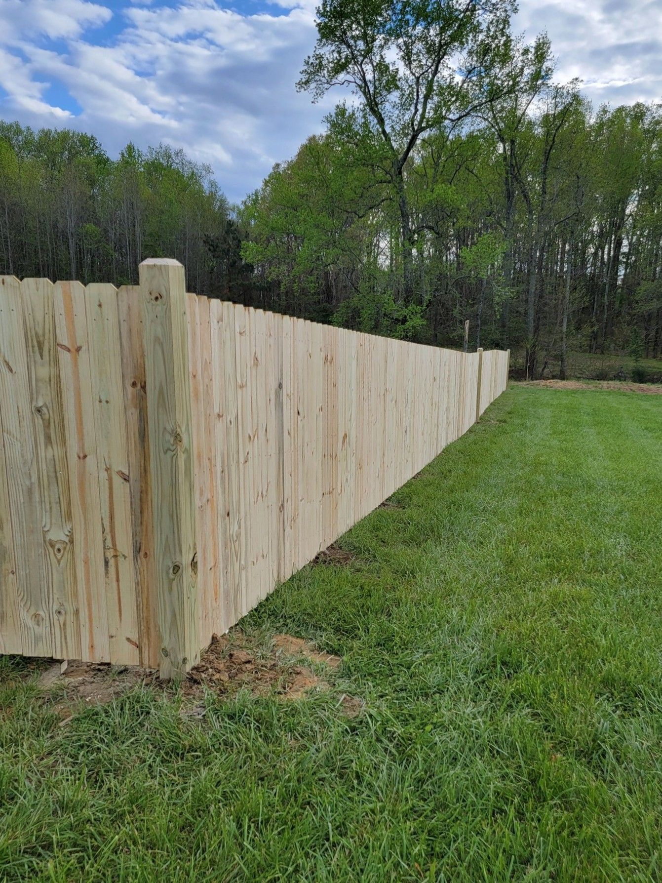 New wooden fence along a grassy yard beside trees under a partly cloudy sky