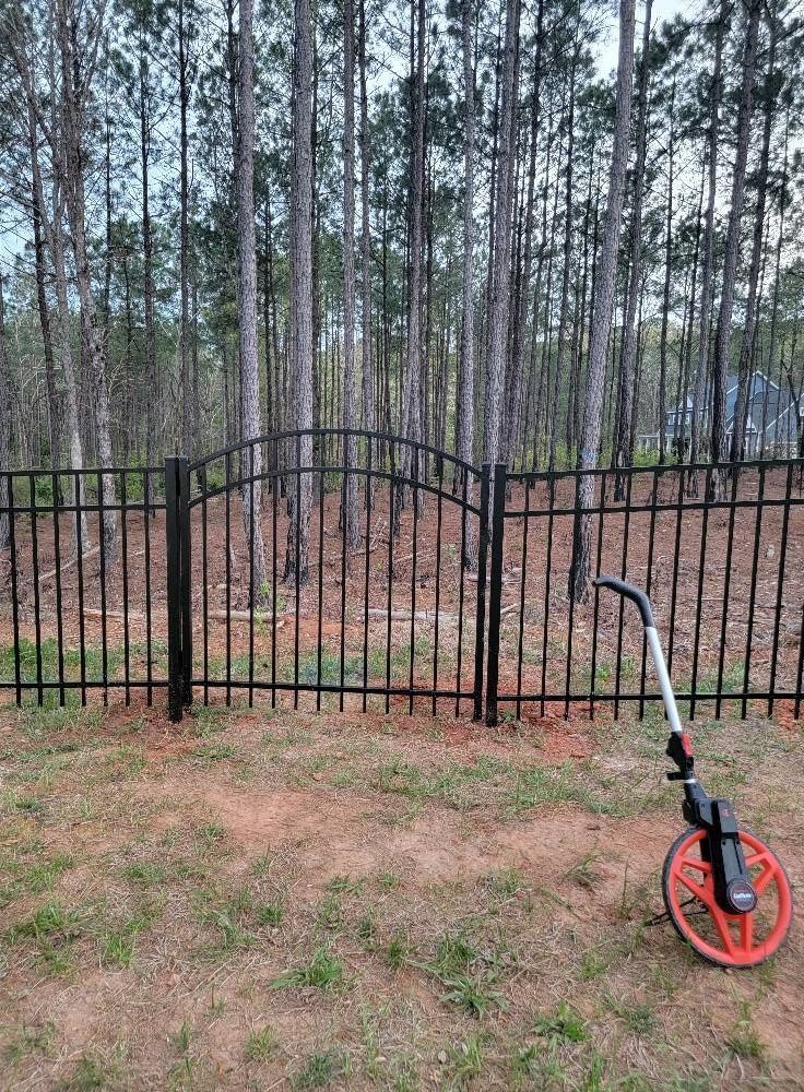 Black fence gate in a pine forest, with a red scooter in the foreground.