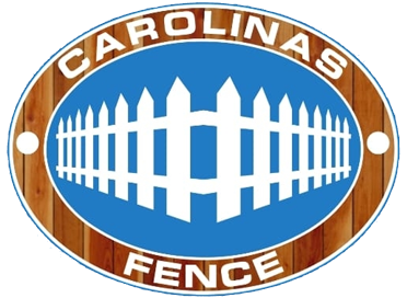 Carolina Fence logo with white fence graphic in a blue oval on a wood-grain background