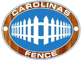 Carolina Fence logo with white fence graphic in a blue oval on a wood-grain background