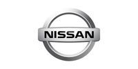 Nissan logo, a silver ring with the brand name in black lettering in the middle.