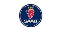 SAAB car logo, dark blue circle with a red griffin with a crown, white text reads SAAB.