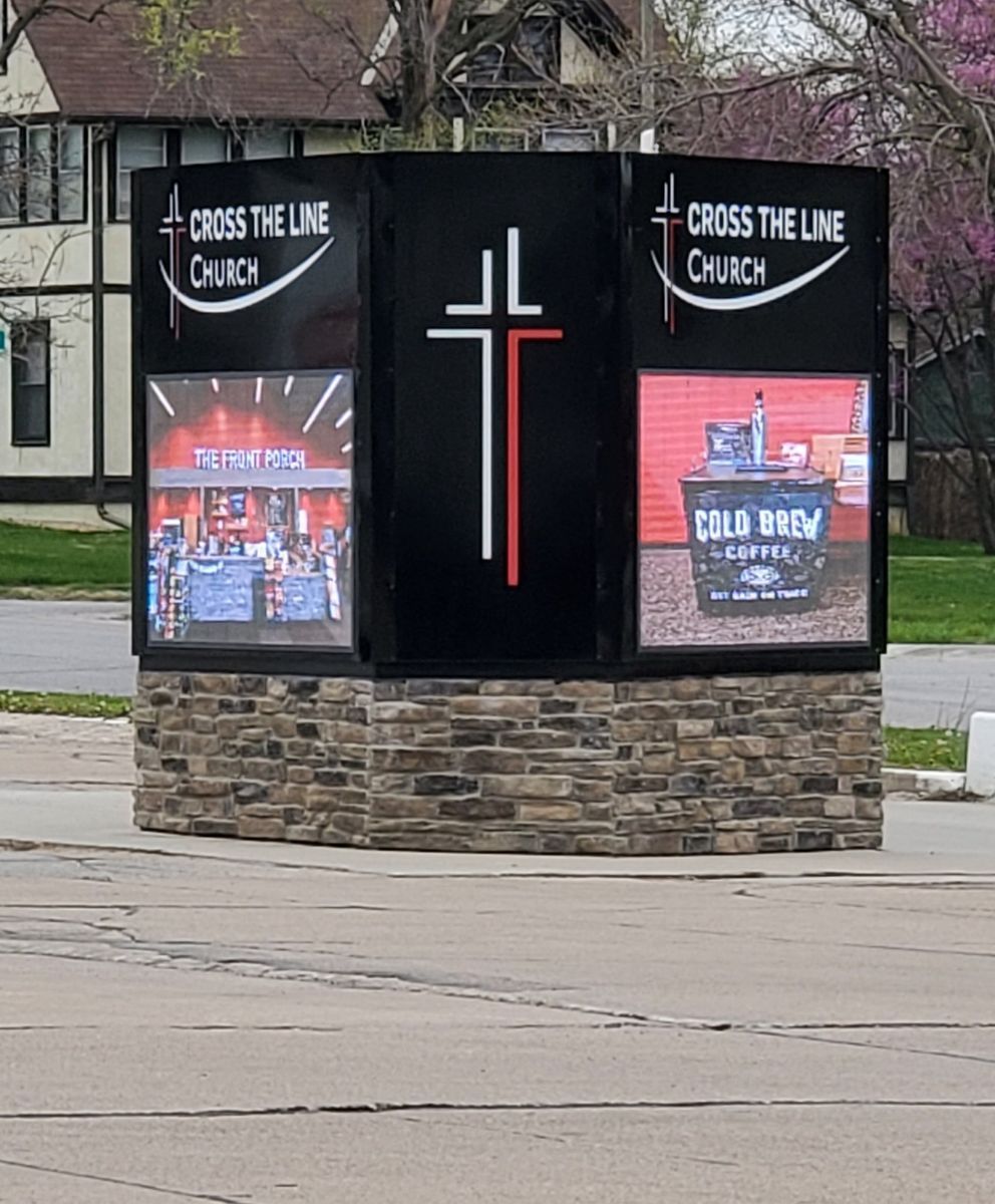 Church sign with cross logo, digital displays, 