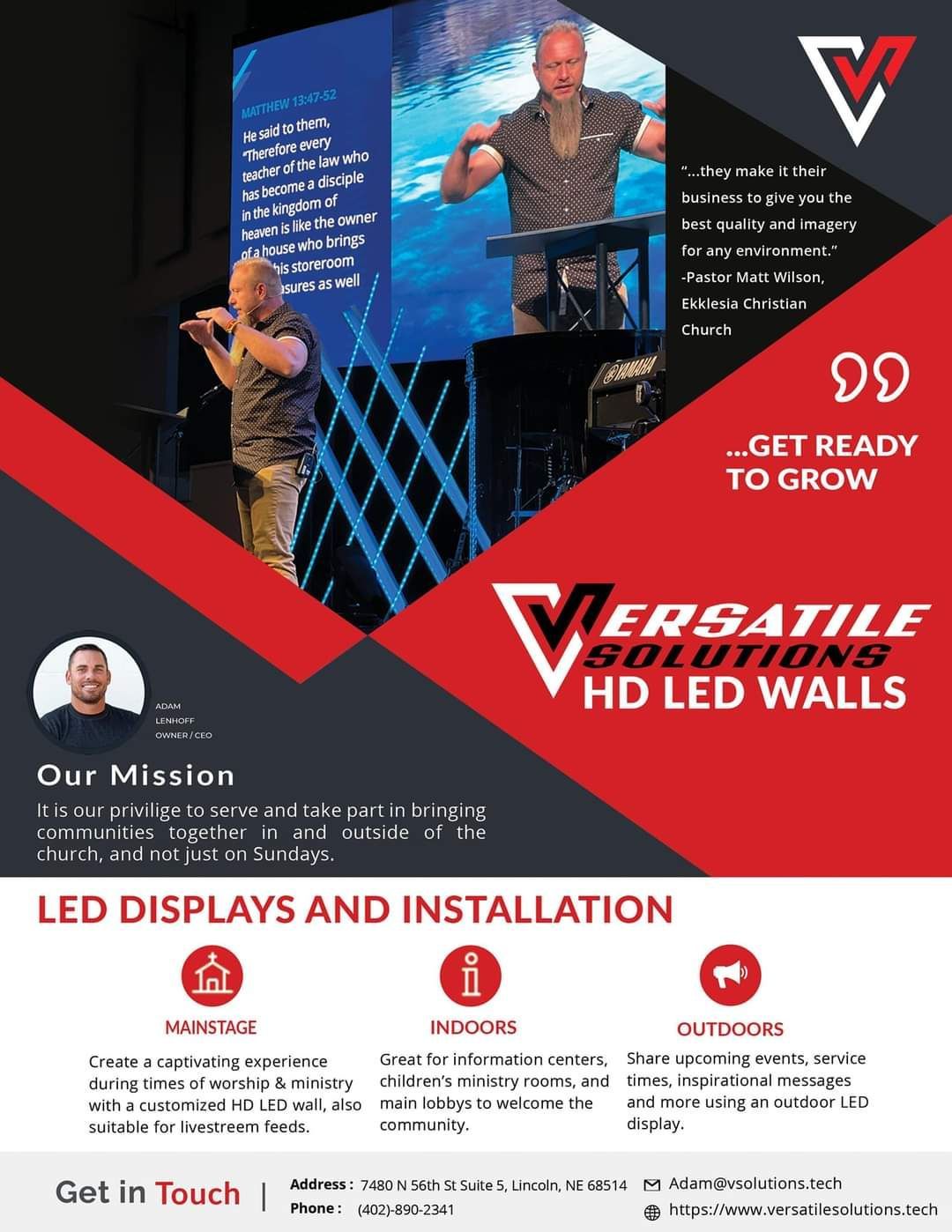 An advertisement for HD LED walls featuring a man on stage, red and white design, and company logos.