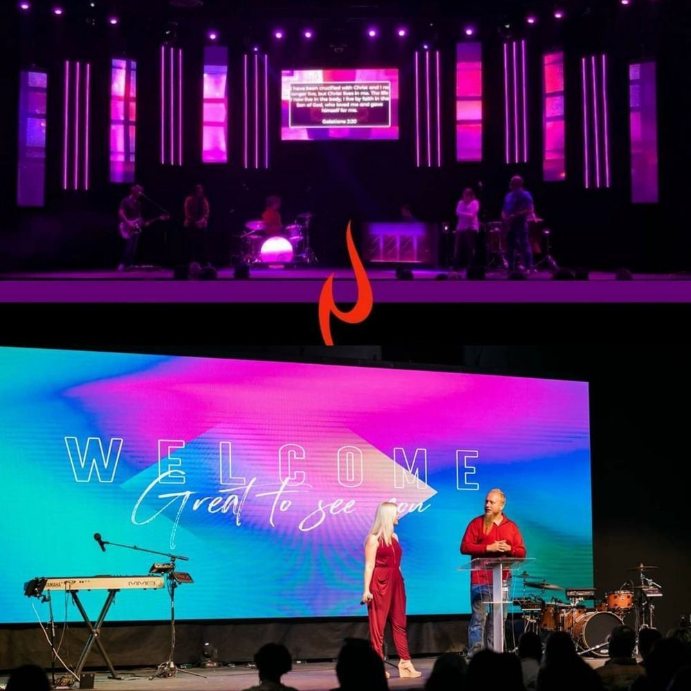 Two-part image: church stage with band and speakers; one with purple lights, the other with welcome message.