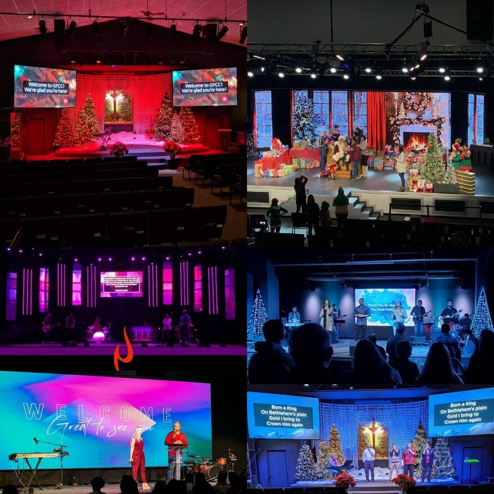 Four images of church stages with Christmas decorations, musicians, and screens displaying lyrics.
