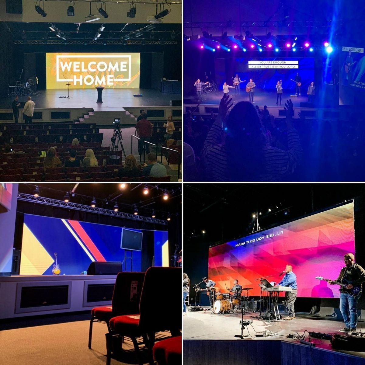 Four photos of a church stage: a 