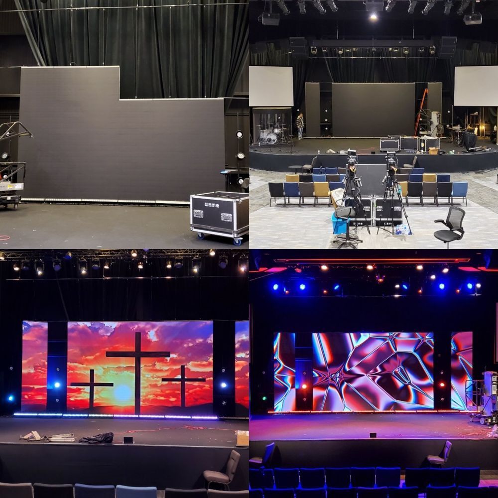 Four images showing a church stage with a large LED screen displaying different graphics and lighting setups.