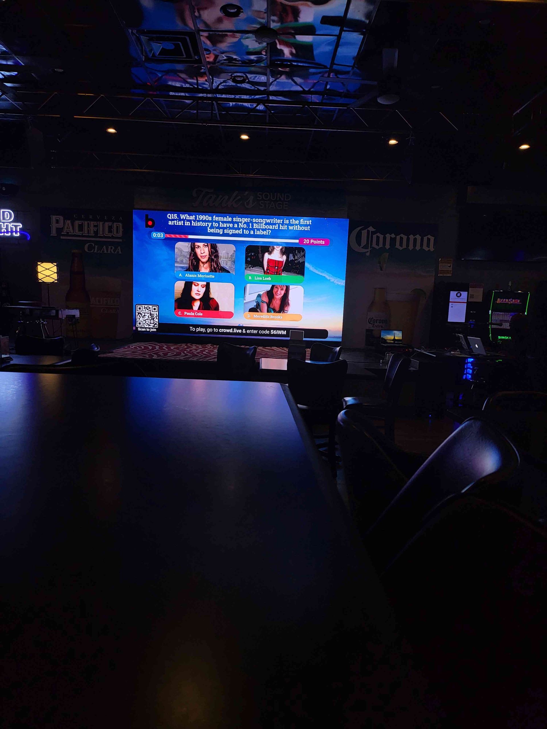 Television in a bar shows news anchors. Dark setting with a bar and beer signs.