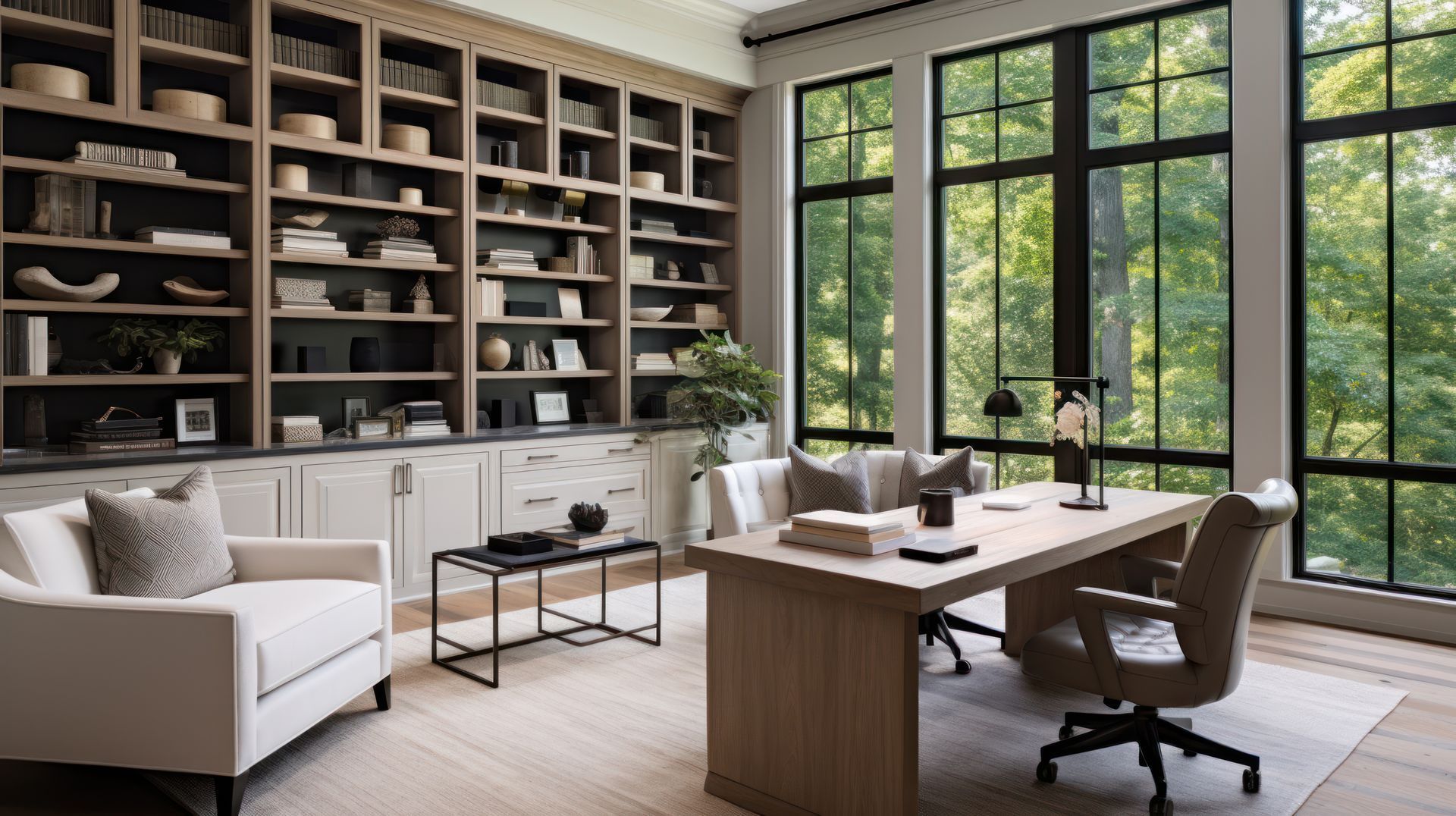 A home office with large built-in bookshelves, desk, and a window overlooking a lush green outdoor space.