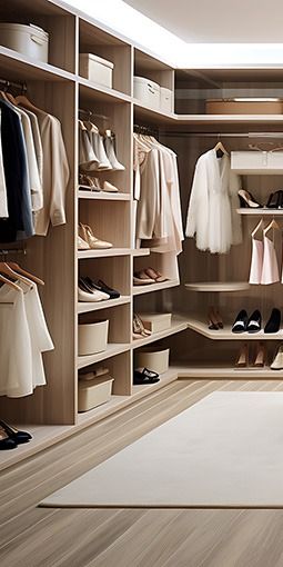 Walk-in closet with light wood shelving, clothes, shoes, and a white rug.