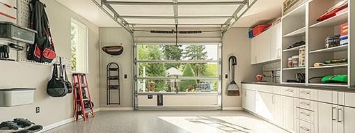 A clean, well-organized garage with white cabinets and a transparent garage door.