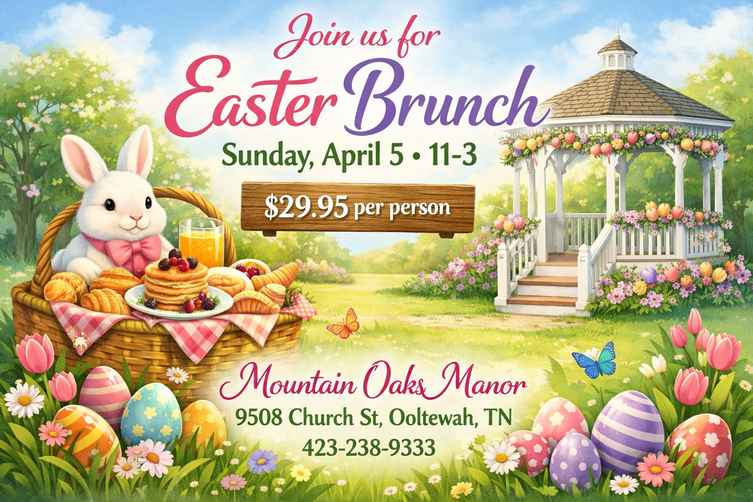 Easter brunch flyer at Mountain Oaks Manor in Ooltewah, TN, featuring a bunny in a picnic basket near a gazebo.