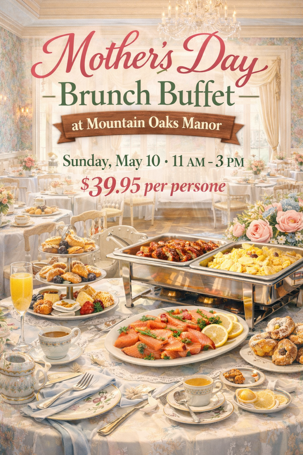 A brunch buffet flyer for Mountain Oaks Manor on Mother’s Day, May 10, from 11 AM to 3 PM for $39.95 per person.