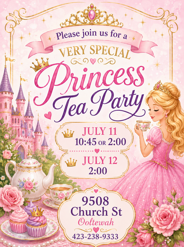 Pink princess tea party invitation with castle, flowers, tea set, and event details on July 11–12.