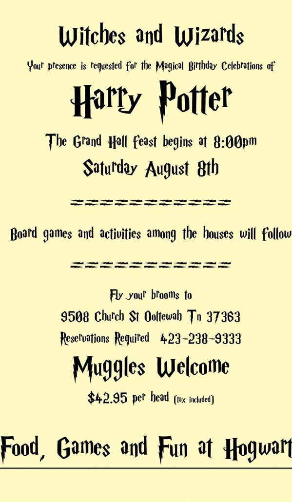 Harry Potter event flyer with a witchy yellow background, bold title, movie details, and food, games, and fun at Hogwarts.