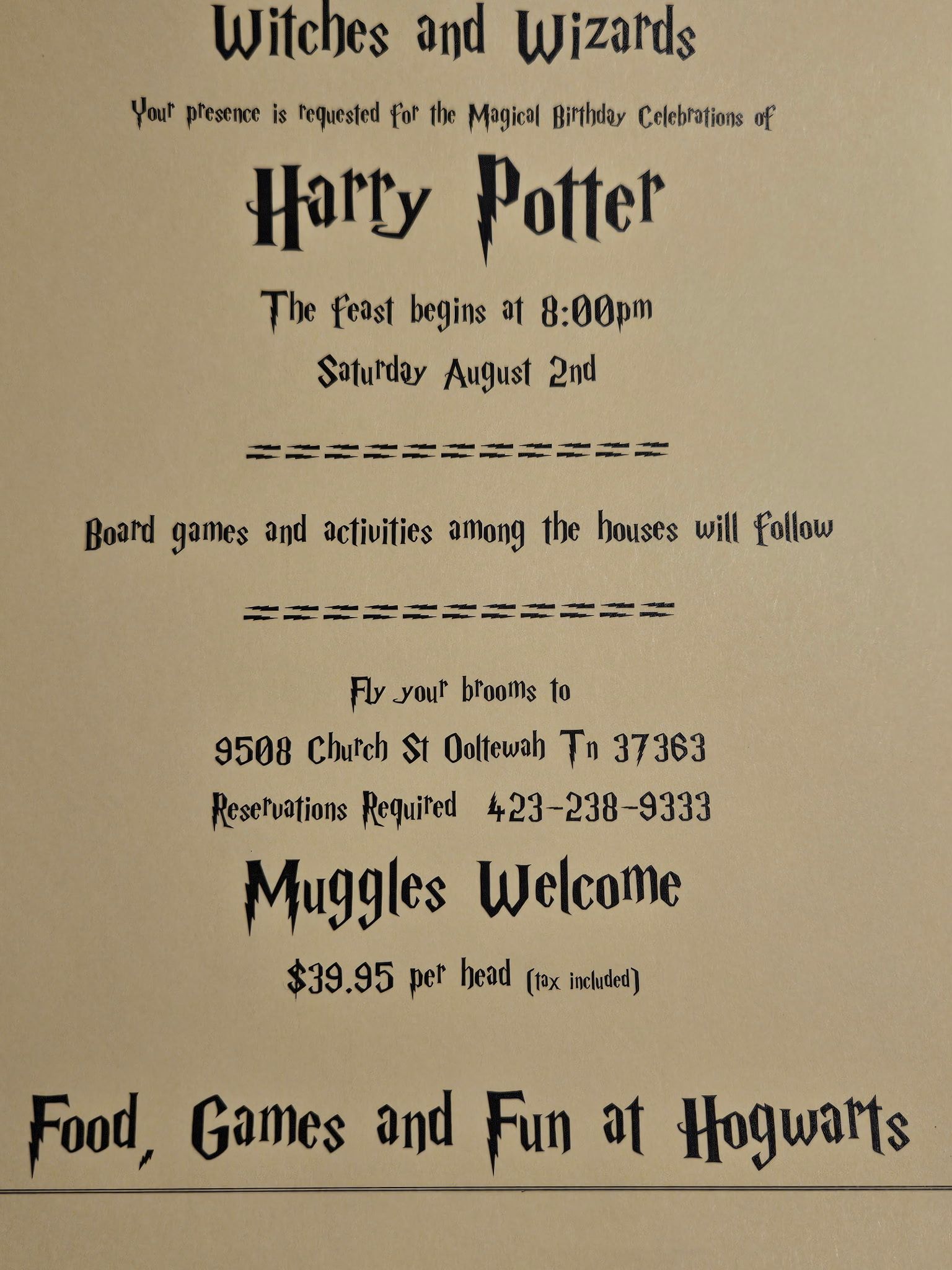An invitation for a harry potter themed party.