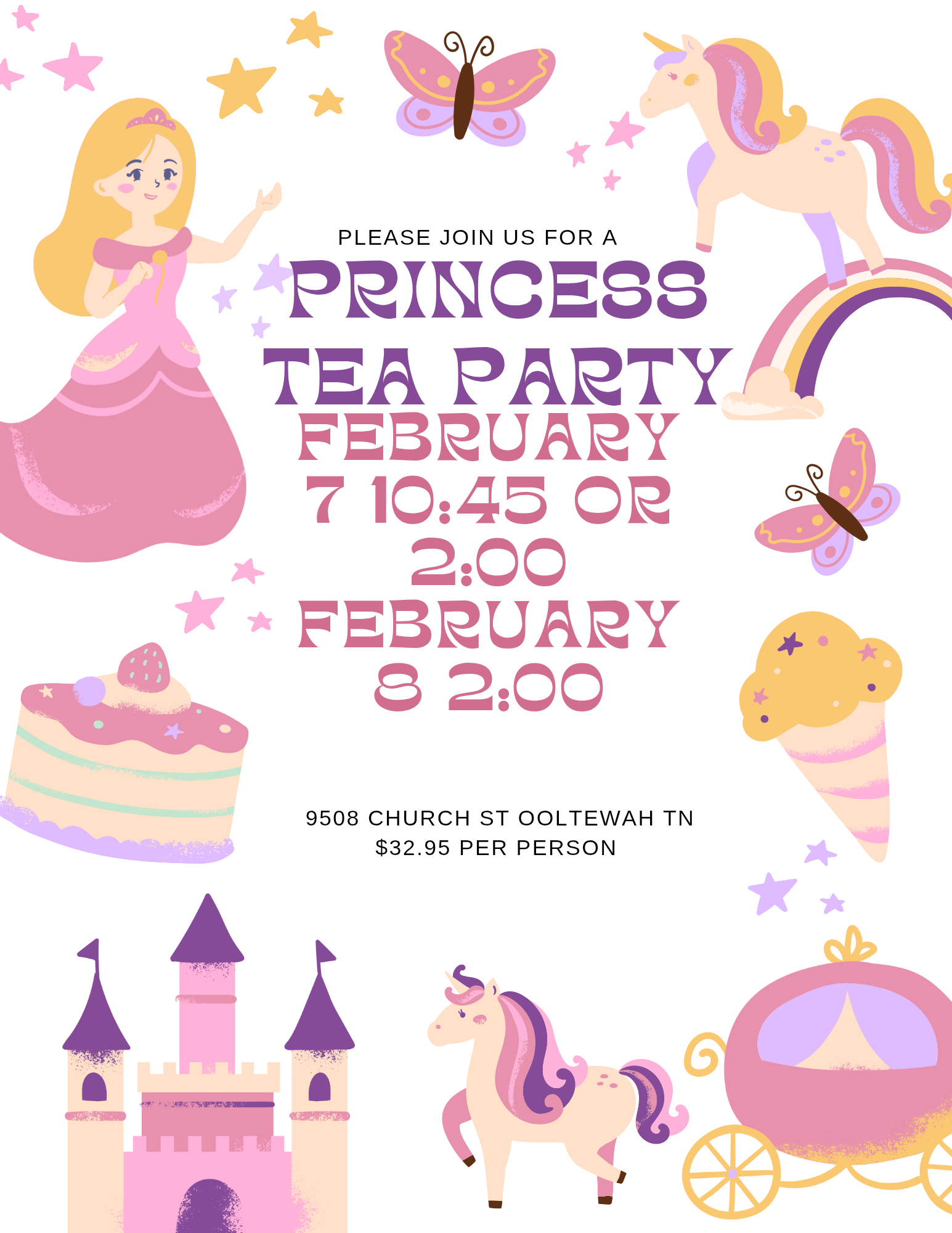 Princess tea party invitation: pink, purple, and yellow design with a princess, unicorn, cake, and castle. Includes date, time, and location.