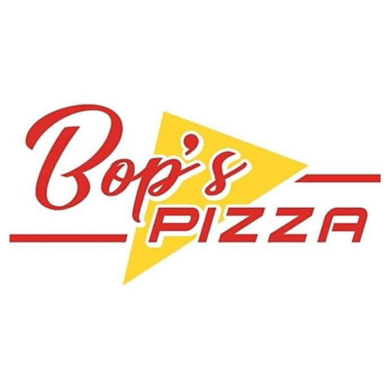 A red and yellow logo for bop 's pizza