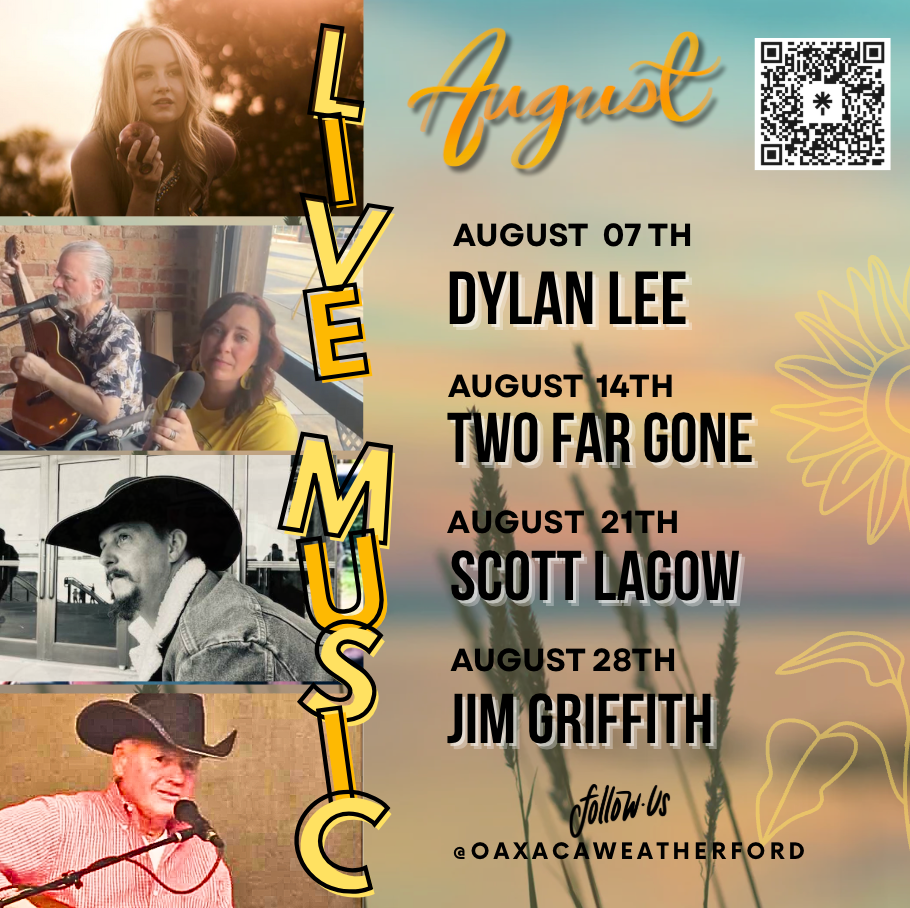 Poster: Live music in August with artist names and dates. Features photos of performers.