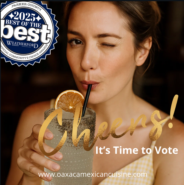 A woman drinking from a glass with a straw and the words cheers it 's time to vote
