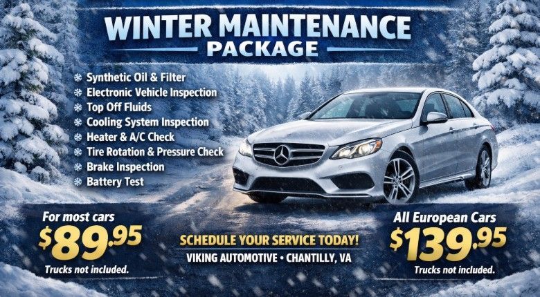 Winter maintenance package ad: silver car on snowy road, pricing for most cars ($89.95) and European cars ($139.95).