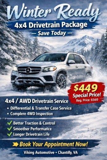 Ad for Viking Automotive's winter 4x4 drivetrain package: $449 special. Includes service and inspection, with a snowy SUV.