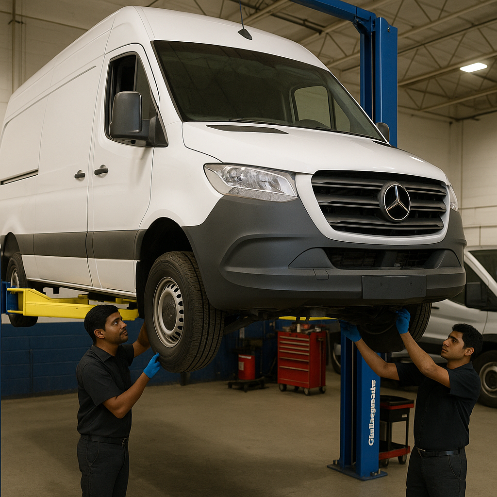 Two mechanics inspecting a white Mercedes van raised on a lift in a service bay.