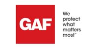 GAF logo, white letters on red square. Text reads,