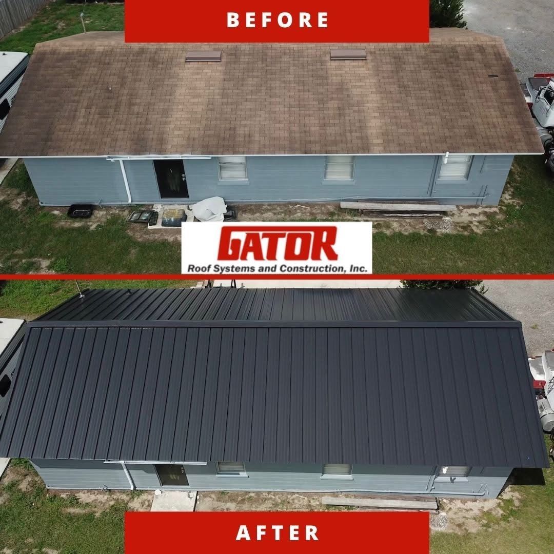 A before and after comparison of a house roof, showing a change from worn asphalt shingles to a new black metal roof.